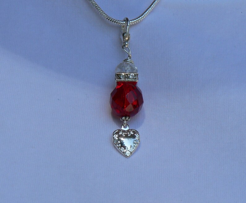 Heart and Red Crystal Bead on 925 Silver Plated Snake Chain Necklace