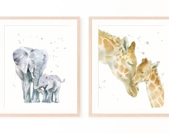 Set of Two Elephant and Giraffe watercolor print reproductions of my original paintings. This set of two prints makes a great baby gift