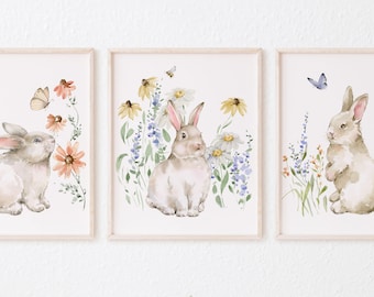 Bunnies and Blooms Prints, Set of THREE watercolor prints, frames sold separately. Nursery decor bunnies sitting in a field of wildflowers.