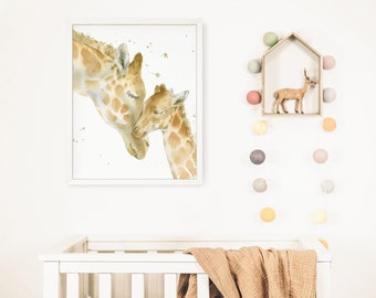 Giraffe Baby and Parent nursery print of my original watercolor painting. Giraffe nursery art, giraffe baby room, giraffe baby shower