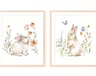 Bunnies and Florals watercolor Prints, Set of two prints 8.5x11, frames sold separately. Nursery decor bunny and wildflowers. Easter bunny