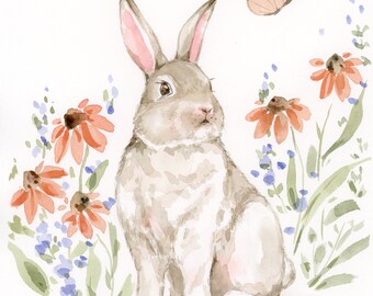 ORIGINAL Bunny Rabbit watercolor painting, Bunny and Blooms, bunny nursery art, bunny wall art