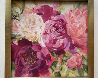 Pink Floral Hand embellished glicee print with frame by Katrina Pete