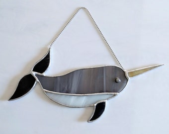Stained Glass Narwhal in Wispy Greys and white