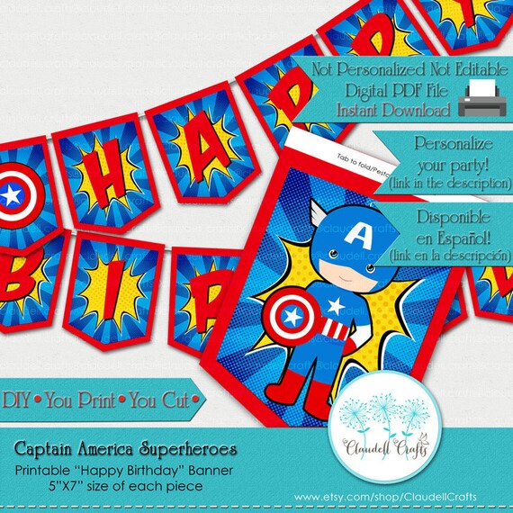 Captain America Superheroes Avengers Inspired Birthday Party Printable Banner/DIY/You Print/You Cut Il_570xn