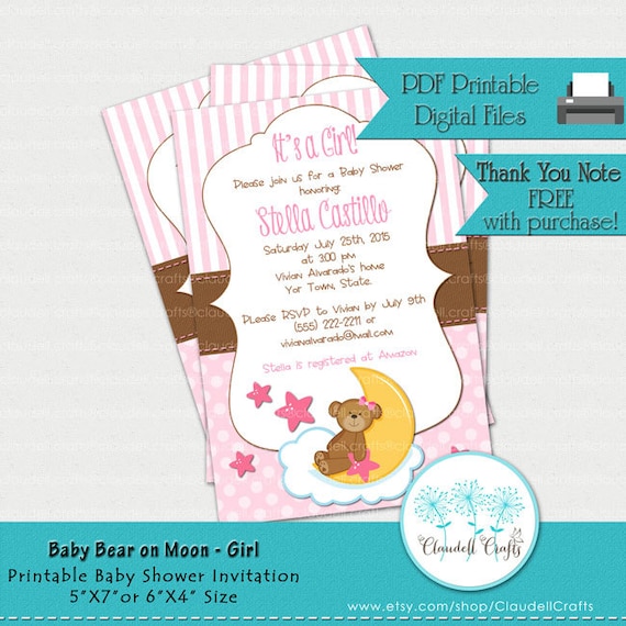 Baby Bear Girl on Moon Printable Baby Shower Invitation/Card/Invitación Osita sobre la Luna Baby Shower Il_570xn