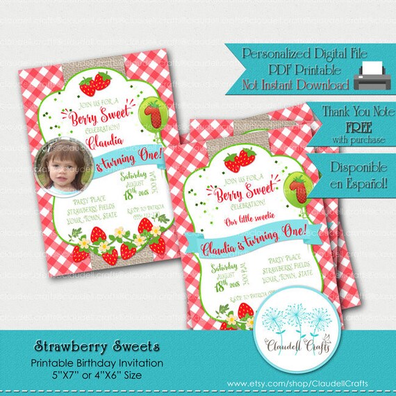Strawberry Sweets Printable Birthday Invitation / Card Il_570xn