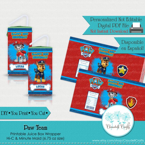 Paw Team Boy Inspired Printable Juice Box Wrapper/Labels/Party Favors/Patrulla Canina/Etiquetas Jugos/DIY/You Print/You Cut Il_570xn