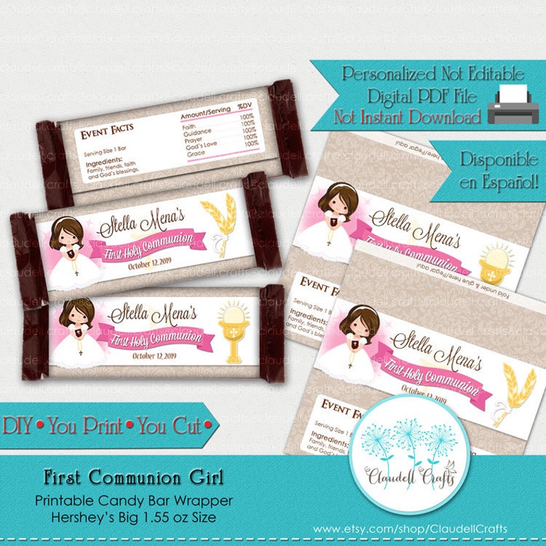 30 Personalised DIY 1st Communion Day Chocolate /& Sweet WRAPPERS Favours Blue