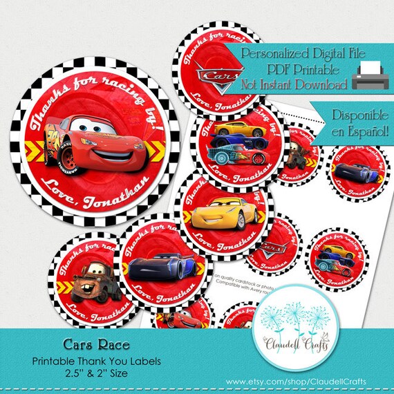 Cars Race Inspired Printable Thank You Labels/Tags/Party Circles 2.5"/Etiqueta Agradecimiento/DIY/You Print/You Cut Il_570xn