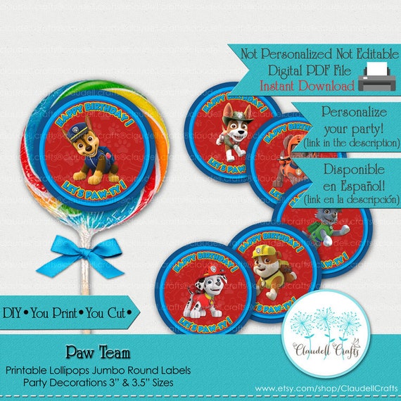 Paw Team Boy Inspired Printable Lollipops Jumbo Labels/Whirly Lollipops/Etiquetas Redondas/Patrulla Canina/DIY/You Print/You Cut Il_570xn