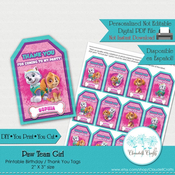 Paw Team Girl Inspired Printable Birthday Tags/Thank You Labels/Party Favor/Tags/Party Tags/Etiqueta Agradecimiento/DIY/You Print/You Cut Il_570xn