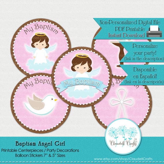 Baptism Angel Woman Printable Centerpiece / Balloon Stickers image regarding Printable Plates identify Baptism Angel Female Printable Centerpiece / Balloon Stickers
