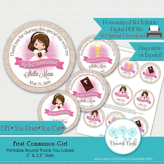 First Communion Girl Printable Thank You Labels/Tags/Party Circles 2.5"/Etiqueta Agradecimiento Comunión Niño/DIY/You Print/You Cut Il_570xn