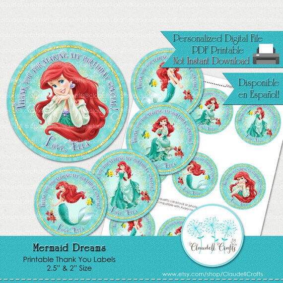 Mermaid Dreams Inspired Printable Thank You Labels/Tags/Party Circles 2.5"/Etiqueta Agradecimiento/DIY/You Print/You Cut Il_570xn