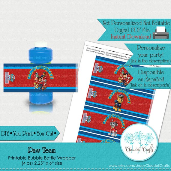 Paw Team Boy Inspired Printable Bubble Bottle Wrapper/Etiqueta Burbujas Patrulla Canina/Etiquetas Botes Burbujas/DIY/You Print/You Cut Il_570xn
