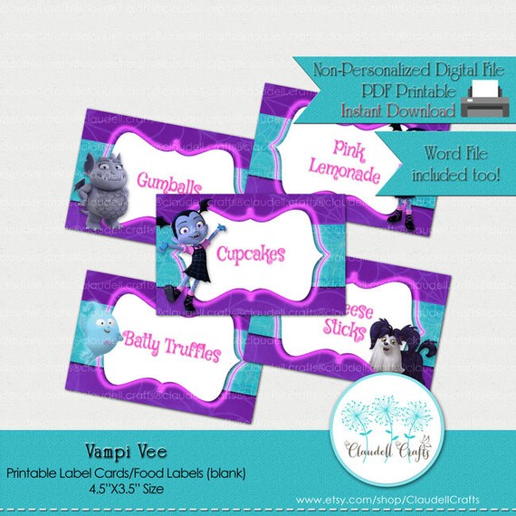 Vampi Vee Inspired Printable Label Cards (Blank) / Food Labels / Seating Cards / Tent Cards / Etiquetas para Mesa Il_570xn