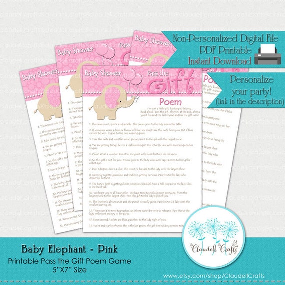 Baby Elephant Soft Pink Pass The Gift Poem Baby Shower Game Card