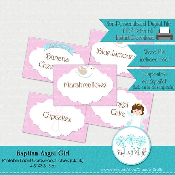 Baptism Angel Girl Printable Label Cards Blank / Food Labels Etsy