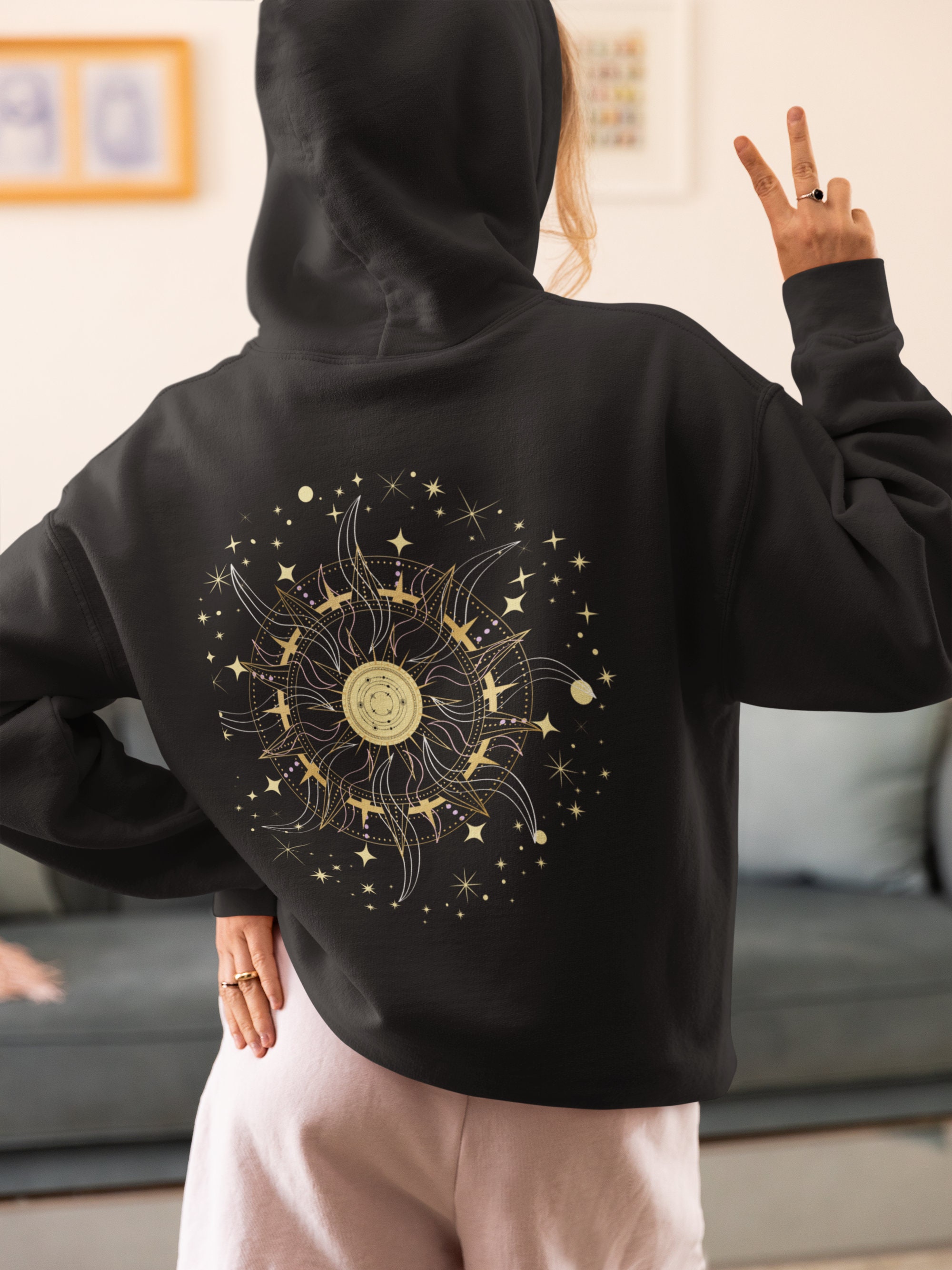 Celestial Full Zip Hoodie Moon and Sun Hooded Zipup Sweatshirt