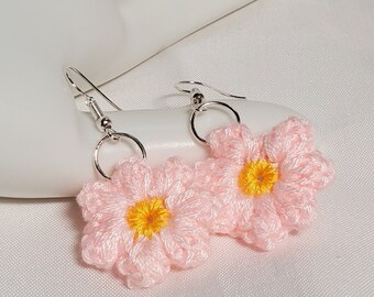 Handmade Knit Crochet Spring Summer Puffy Flower Dangle Earrings