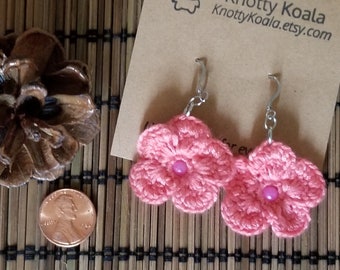 Handmade Crochet Knit Spring Summer Pink Flower Dangle Earrings