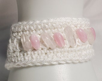 Handmade Boho Hippie Rose & Clear Quartz Beaded Cotton Cuff / Wrap Bracelet, Fits 8-8.5" Wrist