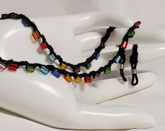 Unisex Handmade Eyeglasses Reading Reader Glasses Chain Rainbow Multicolor Imported Czech Glass Beaded and Black 100% Cotton Knit Crochet