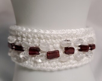 Handmade Boho Hippie Garnet & Clear Quartz Beaded Cotton Cuff / Wrap Bracelet, Fits 6-6.5" Wrist