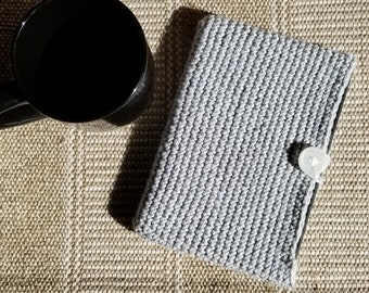 Handmade Knit Crochet eReader Case Sleeve Pouch Cover with Button Loop Closure - Gray