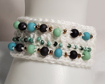 Handmade Boho Hippie Aqua Blue Green Teal Beaded Cotton Cuff / Wrap Bracelet, Fits 7-7.5" Wrist