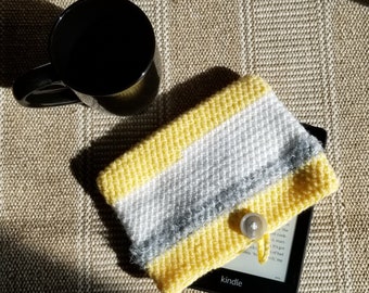Handmade Knit Crochet Striped eReader Case Sleeve Pouch Cover with Button Loop Closure - Yellow, White, & Gray