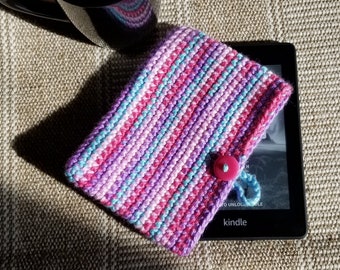 Handmade Knit Crochet eReader Case Sleeve Pouch Cover with Button Loop Closure - Candy Stripes