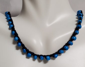 Unisex Handmade Knit Crochet Blue Beaded and Black 100% Cotton Necklace or Strap/Wrap Bracelet or Anklet