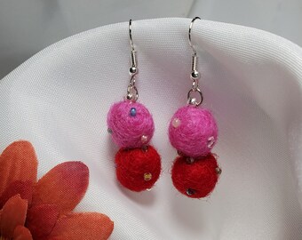 Valentine's Day Beaded, Felted PomPom Earrings, Matching Pin