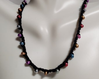 Unisex Handmade Knit Crochet Multicolor Metallic Beaded and Black 100% Cotton Necklace (1- or 2-Strand) or Strap/Wrap Bracelet or Anklet