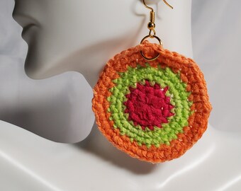 Womens Large Orange Yellow Pink Circle Handmade Knit Crochet 100% Cotton Round Goldtone Dangle Earrings