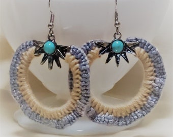 Handmade Crochet Knit Desert Turquoise Dangle Hoop Earrings