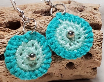 Handmade Crochet Knit Spring Circle Earrings (Blue/Mint Green)