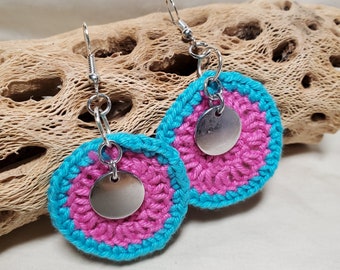 Handmade Crochet Knit Summer Tropical Circle Earrings (Pink/Blue or Orange/Purple)