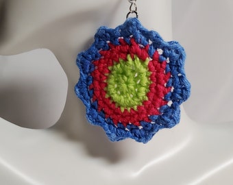 Womens Large Blue Pink Lime Circle Flower Handmade Knit Crochet 100% Cotton Round Silvertone Dangle Earrings