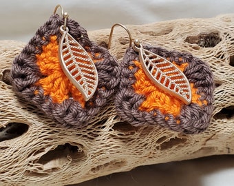 Handmade Crochet Knit Granny Square Autumn Gold Leaves Dangle Earrings