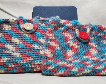 Handmade Knit Crochet eReader Case Sleeve Pouch Cover with Button Loop Closure - Modern Patriotic