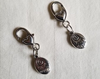 Set of 2 Silvertone Two-Sided "Laugh Often" "Love Much" Stitch Markers for Knitting, Crocheting or Zipper Pull with Lobster Clasp