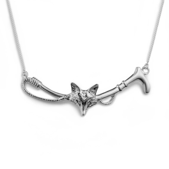 Sterling Silver Equestrian Hunt Whip & Fox Mask Necklace / Sterling Silver Fox Hunting Jewelry / Custom Fox Hunting Necklace