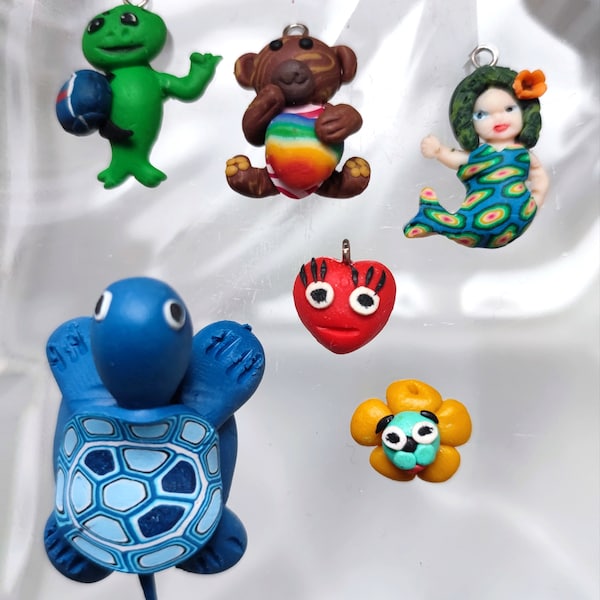 Pendentifs en Fimo, tortue, sirène, cricket, fleur ou ourson