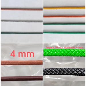 Peut inclure: Assortiment de cordons en cuir de différentes couleurs et largeurs, y compris 1 mm, 2 mm et 4 mm. Les cordons sont présentés sur un fond blanc.