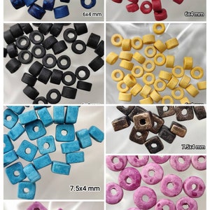 May include: Assortment of wooden beads in various colors and sizes. The beads are round with a hole in the center. The beads are arranged in groups of 6x4 mm, 7.5x4 mm, and 10x4 mm.