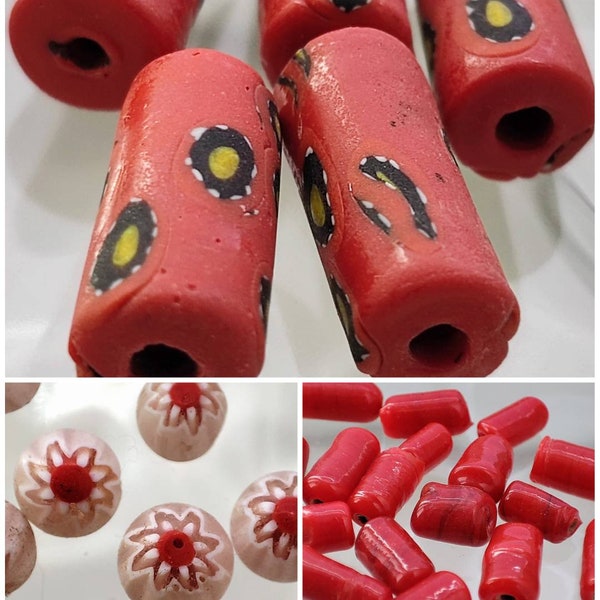 Perles artisanales en verre d'Inde couleur rouge. Tubes rouges déco fleurs, perles style millefiori et tubes rouge.