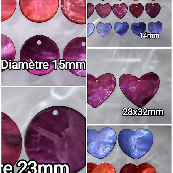 Pendentifs sequin ou coeur en nacre de couleur rouge, bleu ou violet